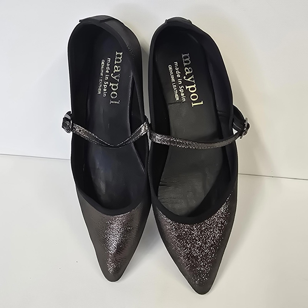 Maypol Womens Metallic Pewter Leather Pointed Toe Mary Jane Ballet Flats Size 38 - Picture 2 of 4
